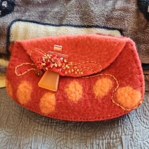 WOOL FELTED HANDCRAFTED Red Clutch with Beaded Detail